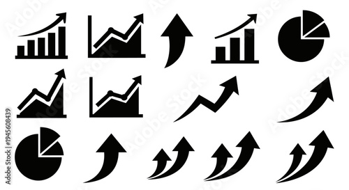 A collection of black silhouette icons representing business growth, financial charts, and upward trends, including bar graphs, line graphs, pie charts, and various arrow designs.