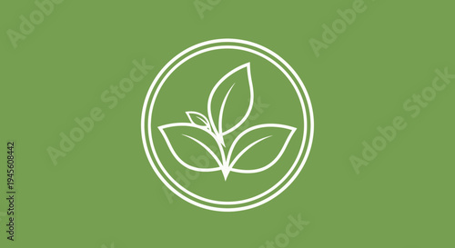 A minimalist white outline illustration of a small plant with three leaves inside a double circle on a solid green background, symbolizing nature and growth.