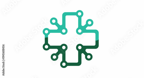 Digital health cross logo with interconnected lines and nodes representing technology and medical innovation.