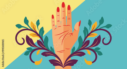 Stylized illustration of a female hand with red nails surrounded by elegant floral and leaf patterns on a split color background.