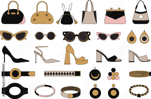 A collection of fashion accessories including purses, sunglasses, shoes, and jewelry