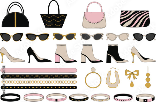 A collection of fashion accessories including handbags and jewelry