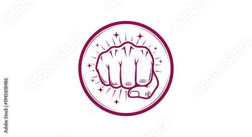 A stylized graphic illustration of a clenched fist with radiating sparkles inside a circular frame, symbolizing strength and power.