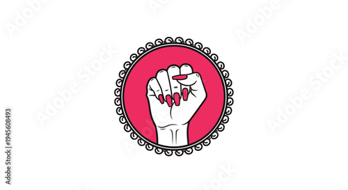 A stylized illustration of a clenched female fist with pink nail polish, symbolizing empowerment and solidarity, set within a decorative pink circular frame.