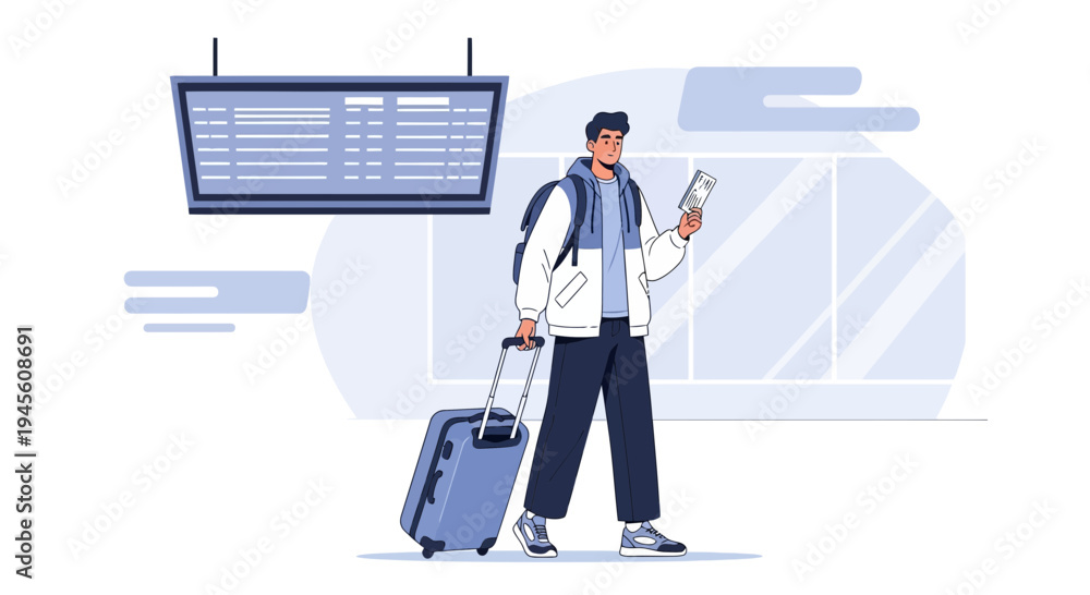 Obraz premium Man with Suitcase and Ticket at Airport Terminal, Ready for Travel