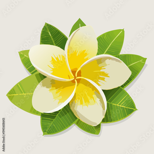 Tropical white plumeria flower with green leaves illustration