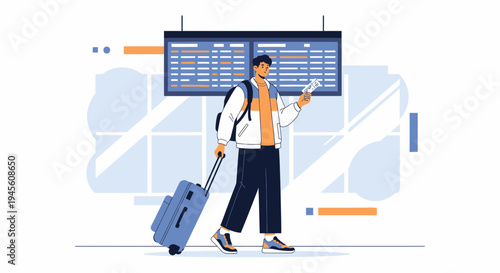 Man with suitcase and ticket at airport departure board, travel concept