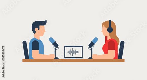 Man and woman engaging in a podcast recording with microphones and laptop on a light gray background.