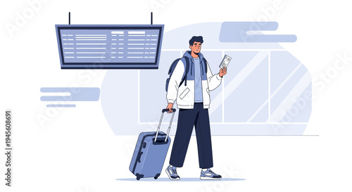 Man with Suitcase and Ticket at Airport Terminal, Ready for Travel