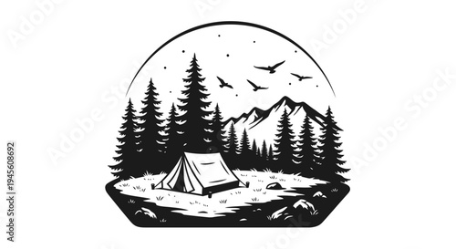 Scenic outdoor camping landscape with tent, pine trees, and mountains under flying birds, black and white.