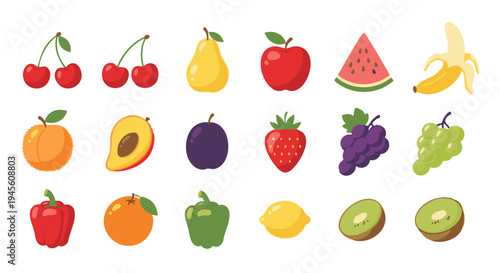 Sixteen colorful fruit on white background cherries pear apple