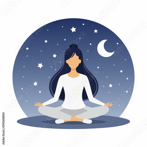 Mindful woman meditating under a peaceful night sky
