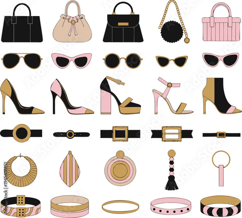 A collection of fashion accessories including handbags and shoes