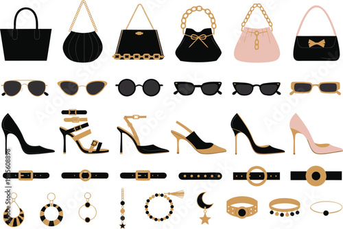 A collection of fashion accessories including handbags, sunglasses, shoes, belts, and jewelry