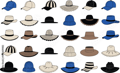 A collection of various hats in different styles and colors