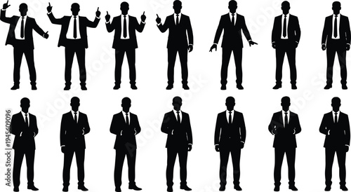Silhouettes of professional businessmen in suits and ties standing in various formal poses for corporate office and executive leadership vector illustration set.