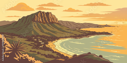 USA, US, U.S, United States - Diamond Head volcanic crater sunrise panorama overlooking ocean
