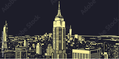 USA, US, U.S, United States - Empire State Building dramatic skyline night panorama, glowing skyscraper lights
