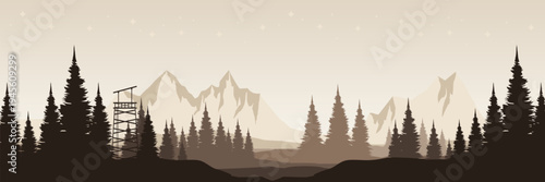 Serene midnight sky over majestic mountains and lookout tower for spiritual youth camp background