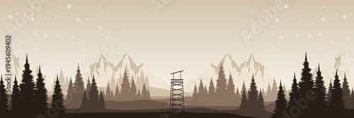 Wide screen dark wilderness banner featuring coniferous forest fire tower and night sky copy space