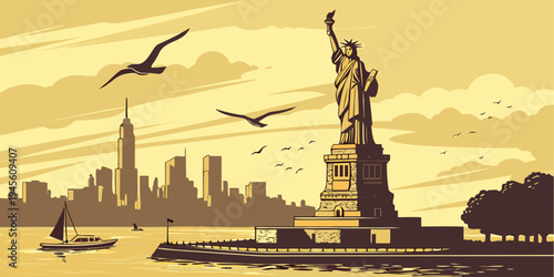 USA, US, U.S, United States - Statue of Liberty sunrise skyline travel poster, seagulls, glowing harbor reflections, cinematic lighting, ultra-detailed travel art

