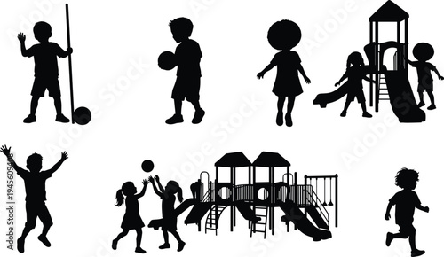 Children playing in playground silhouette collection with kids running, jumping, sliding and ball games, playful childhood activity vector set isolated on white background