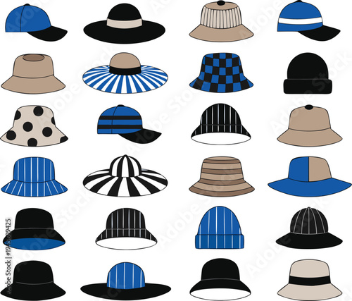 A collection of various stylish hats in different colors and patterns