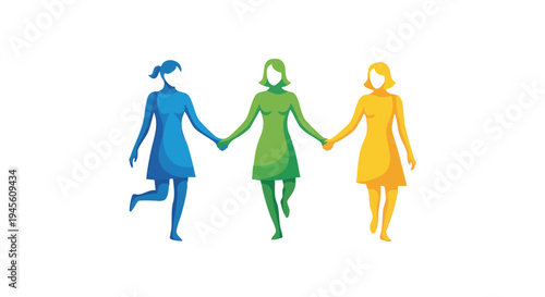Three stylized women holding hands in blue green and yellow people human figures