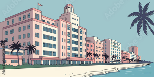 USA, US, U.S, United States - South Beach art deco pastel buildings beach panorama
