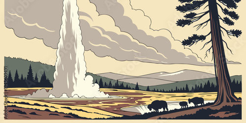 USA, US, U.S, United States - Yellowstone National Park geyser eruption landscape panorama, dramatic steam clouds, wildlife silhouettes 
