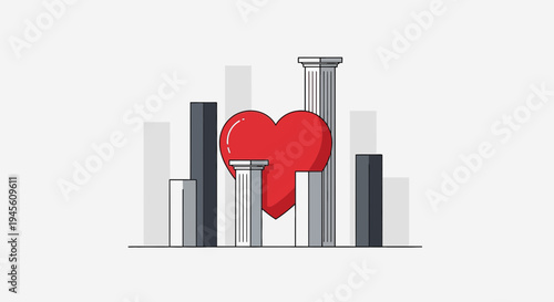 Red Heart Symbol Among Abstract Pillars, Love Concept
