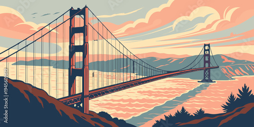 USA, US, U.S, United States - Golden Gate Bridge foggy sunrise panorama, dramatic red bridge across ocean bay 
