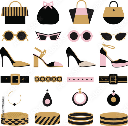 A collection of fashionable accessories including handbags and jewelry