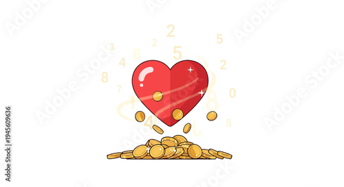 Red Heart Symbol Floating Above Pile of Gold Coins with Numbers and Swirls