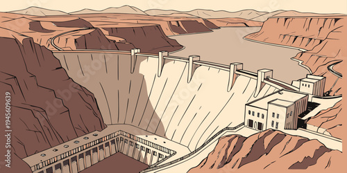 USA, US, U.S, United States - Hoover Dam massive concrete dam canyon aerial panorama
