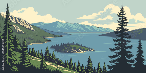 USA, US, U.S, United States - Lake Tahoe crystal blue alpine lake mountain panorama
