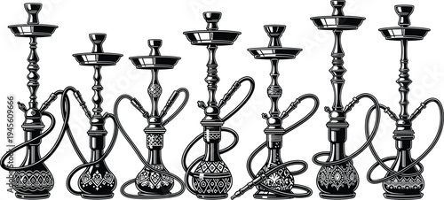 Collection of ornate hookah water pipes with decorative bases, coiled hoses, and artistic craftsmanship, symbolizing culture, tradition, smoking, social gathering, and creative artwork projec