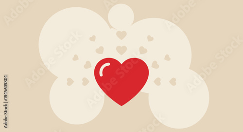 Red Heart Symbol Surrounded by Subtle Hearts and Circles on Beige Background