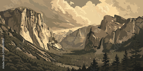 USA, US, U.S, United States - Yosemite Valley Granite Cliffs and Waterfalls – Cinematic Panorama with Dramatic Clouds in the United States