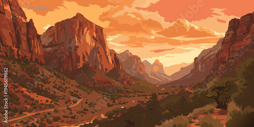 USA, US, U.S, United States - Zion National Park Sunrise Panorama – Towering Sandstone Canyons, Dramatic Red Rock Landscapes, Scenic Utah Wilderness Views in the United States