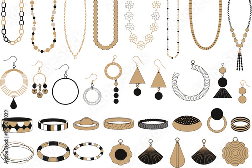 A collection of elegant jewelry including necklaces, earrings, and bracelets in gold, silver, and black.