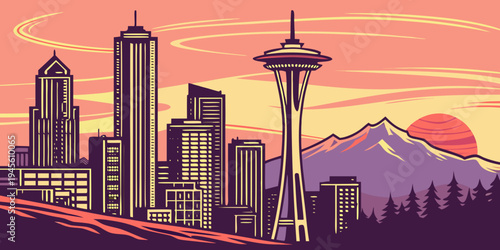 “USA, US, U.S, United States – Space Needle futuristic skyline sunset panorama.”