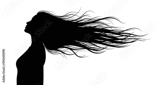Silhouette of a Woman with Flowing Hair in Black and White.