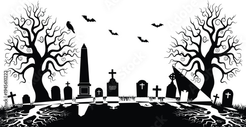 Spooky Halloween Graveyard Silhouette with Gnarled Dead Trees Bats and Gravestones Isolated on White Background for Gothic Holiday Vector Design Projects