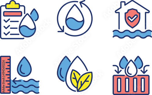 Illustrations depicting water conservation and management strategies at home and in nature