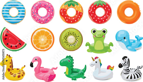 Colorful illustration of assorted inflatable pool floats shaped like donuts, fruits, and animals, representing summer fun, water recreation, playful design, and leisure artwork