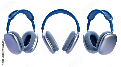 Fotografie three blue and silver airpods max headphones displayed against a transparent background, showcasing their sleek design and premium materials