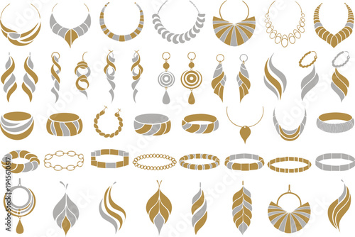 A collection of elegant gold and silver jewelry illustrations on a white background