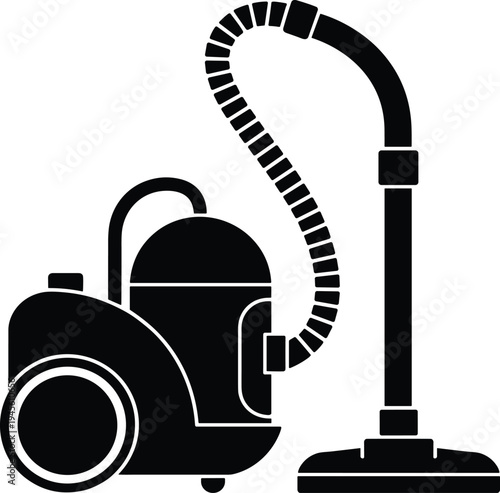 Vacuum cleaner silhouette icon, household cleaning appliance with hose and floor nozzle, home cleaning equipment, domestic hygiene concept