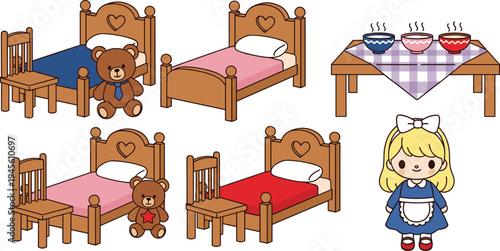 Colorful illustration of Goldilocks and the Three Bears with beds, chairs, porridge bowls, and teddy bears, symbolizing fairy tale, childhood story, and creative artwork project